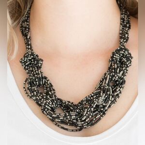 Silver and black twisted knot seed bead necklace with earrings earrings